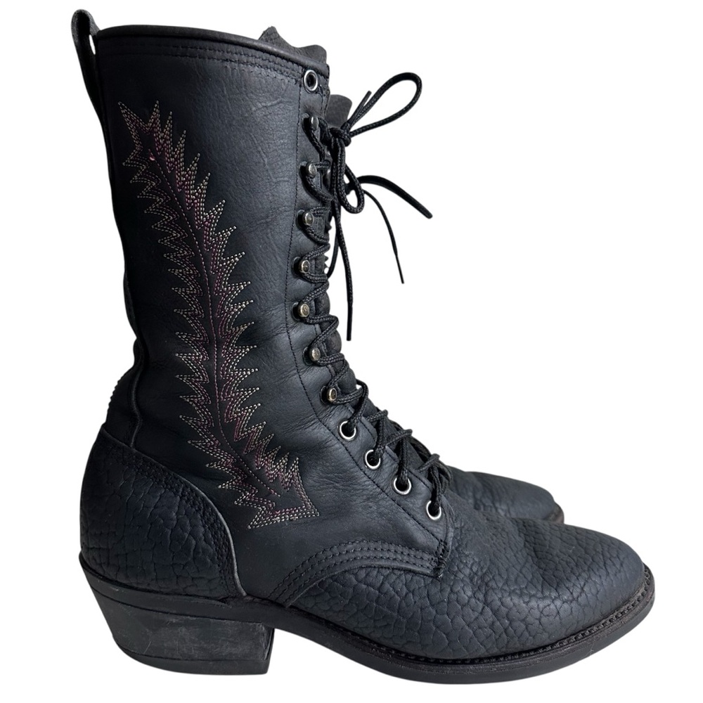 Dark Cowboy Ethel Cain-Style Black REAL Leather Unique Lace-Up Embroidered Boots - Picture 2 of 13